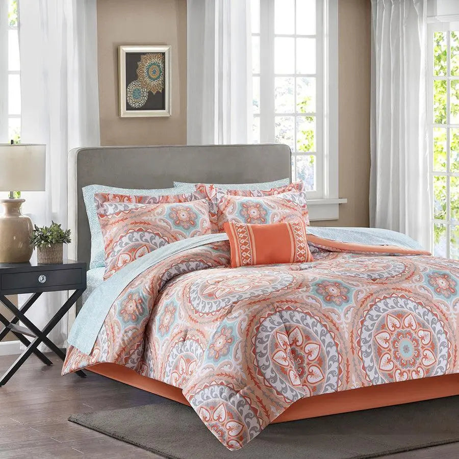 Serenity Twin Complete Comforter and Cotton Sheet Set Coral