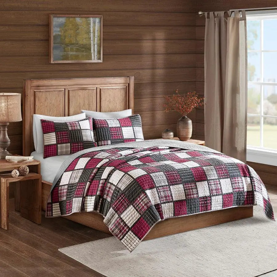 Tulsa Lodge/Cabin Oversized Plaid Print Cotton Quilt Set Full/Queen Red & Gray