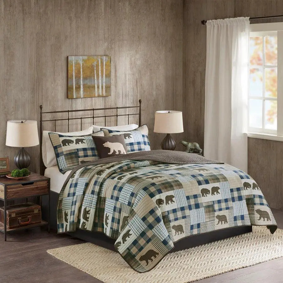Twin Lodge/Cabin Falls Oversized 4 Piece Quilt Set Full/Queen Brown & Blue