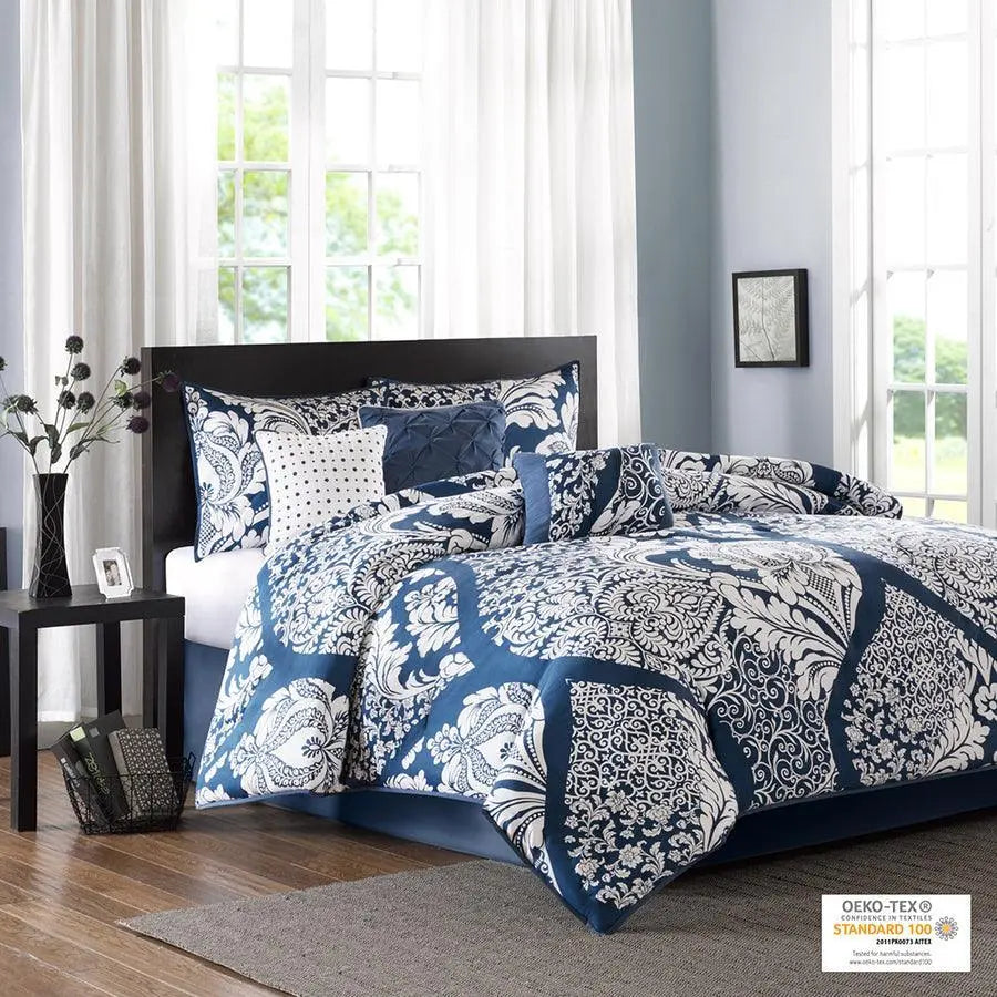 Vienna Queen 7 Piece Cotton Printed Comforter Set Indigo