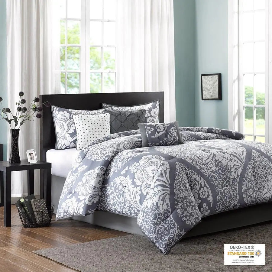 Vienna Shabby Chic| 7 Piece Cotton Printed Comforter Set Gray Cal King