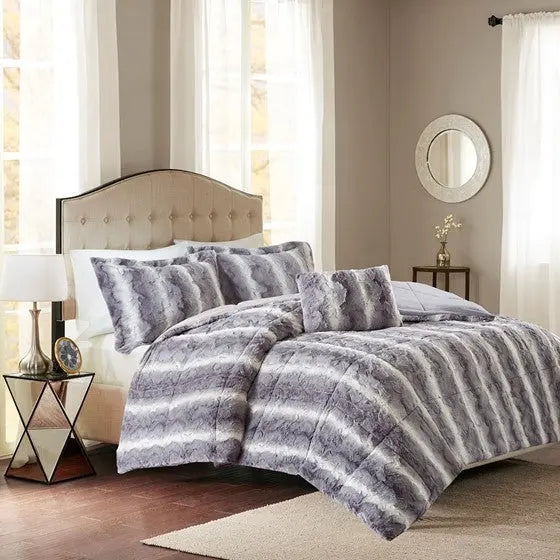 3PC Faux Fur Comforter Set Grey Twin