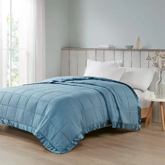 Oversized Down Alternative Blanket with Satin Trim Slate Blue Twin