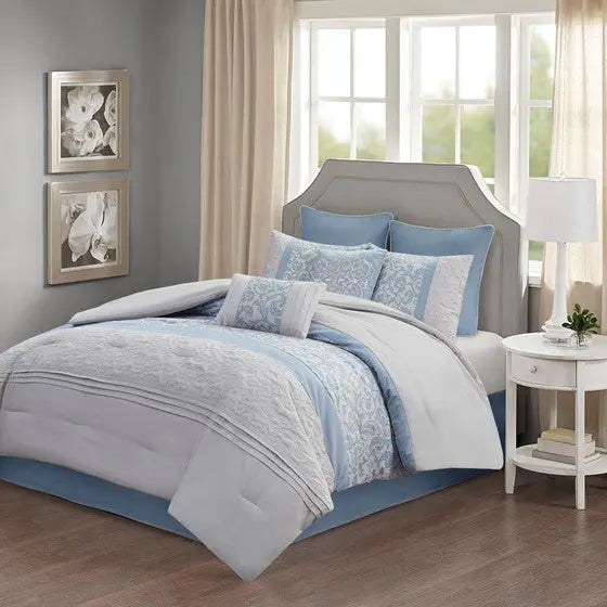 Embroidered 8 Piece Comforter Set Blue King