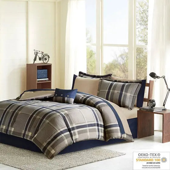 Plaid Comforter Set with Bed Sheets Navy Multi Twin