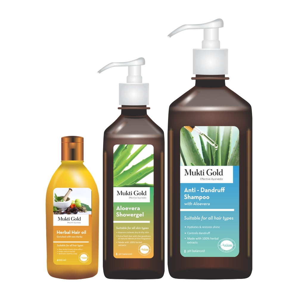 Axiom Mukti Gold Anti Dandruff shampoo + Hair Oil + Aloe vera Shower gel