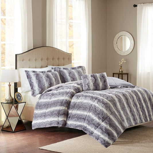 4PC Faux Fur Comforter Set Grey King