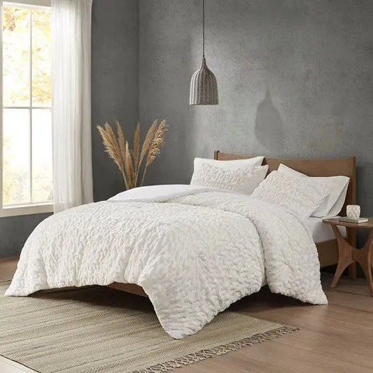 Ruched Fur Down Alternative Comforter Set Ivory Full/Queen