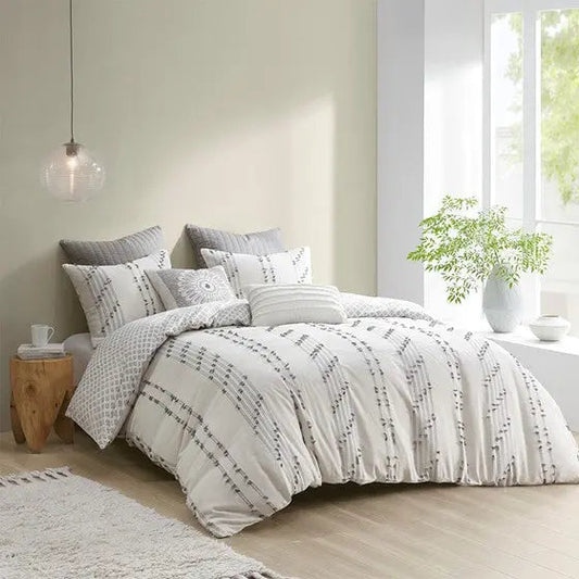 3 Piece Cotton Jacquard Comforter Set Ivory Full/Queen