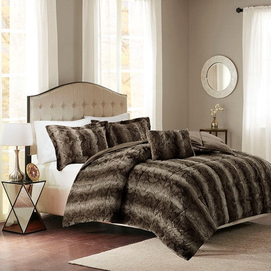 4PC Faux Fur Comforter Set Brown King