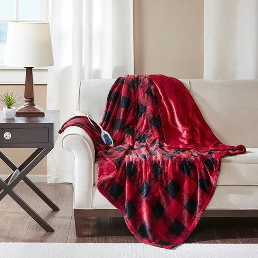 Oversized Heated Plush Throw Buffalo Check Red