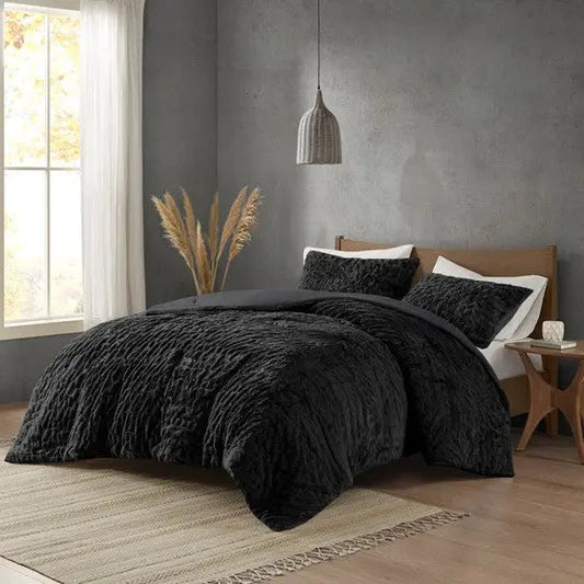 Ruched Fur Down Alternative Comforter Set Black Full/Queen