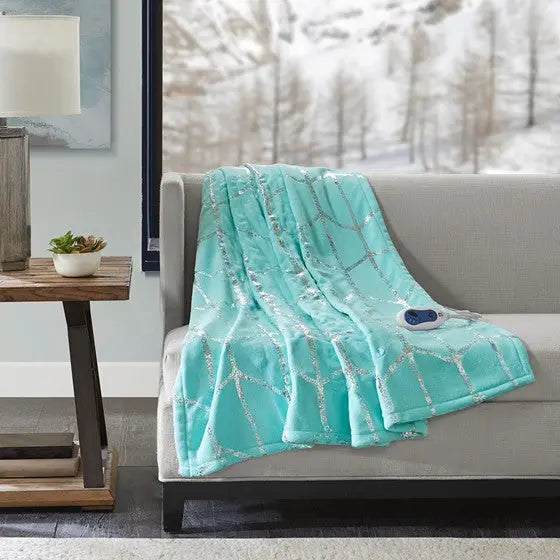 Heated Metallic Print Throw Aqua