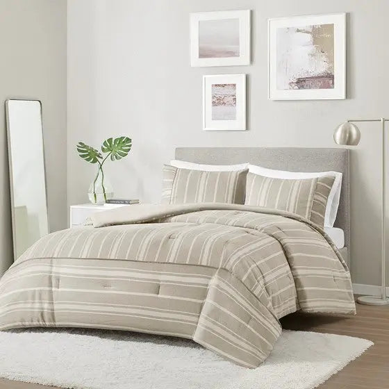 3 Piece Striped Herringbone Oversized Comforter Set Taupe Cal King