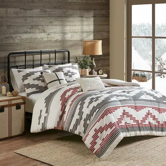 5 Piece Herringbone Oversized Comforter Set Grey/Red Cal King