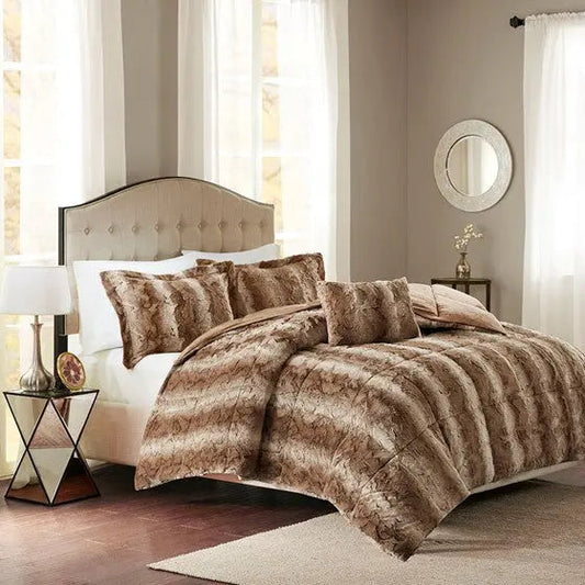 4PC Faux Fur Comforter Set Tan King