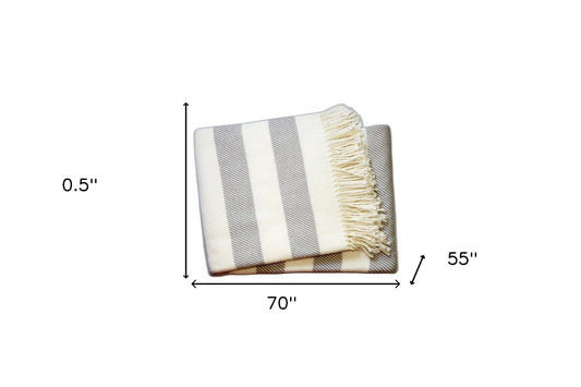Cream and Gray Slanted Stripe Fringed Throw Blanket