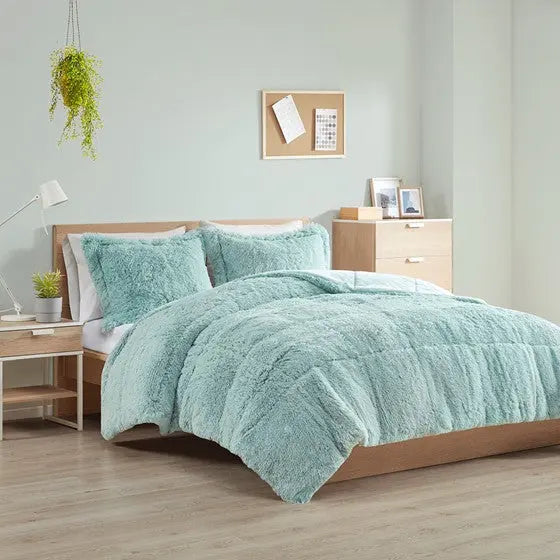 Shaggy Long Fur Comforter Mini Set Aqua Full/Queen