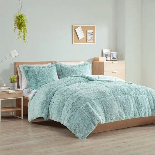 Shaggy Long Fur Comforter Mini Set Aqua Full/Queen