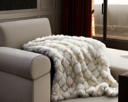 Beige Knitted Acrylic Geometric Throw Blanket
