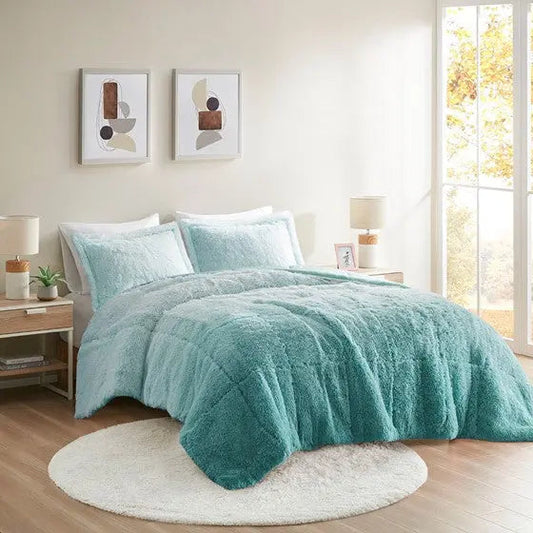 Ombre Shaggy Long Fur Comforter Mini Set Aqua Cal King
