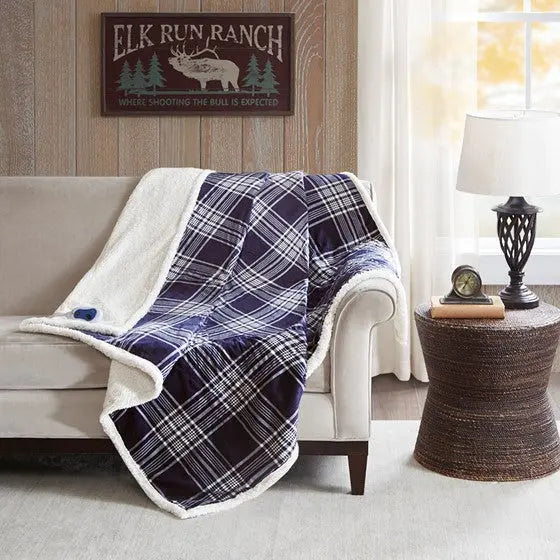 Oversized Plaid Print Faux Mink to Berber Heated Throw Navy