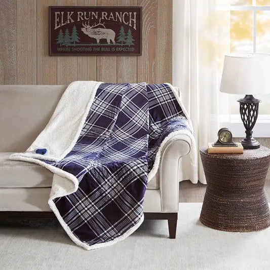 Oversized Plaid Print Faux Mink to Berber Heated Throw Navy