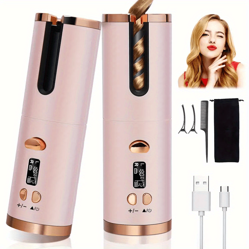 Cordless Automatic Curling Iron - USB Rechargeable, Anti-Tangle, Ceramic Cylinder, Quick Heating, 5-Level Temperature Control - Perfect for Long Hair, Includes Gift Box