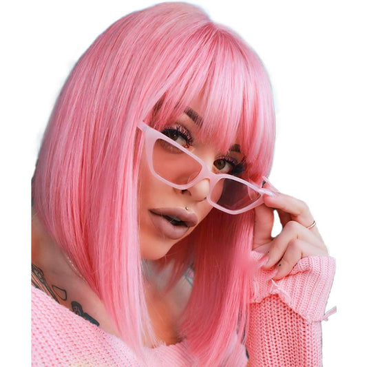 AISI BEAUTY Pink Bob Wigs with Bangs 12 Inch Short Straight Bob Wigs Colorful Synthetic Cosplay Daily Party Wig for Women