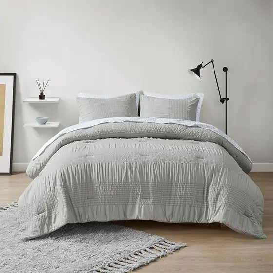7 Piece Comforter Set with Bed Sheets Grey Queen