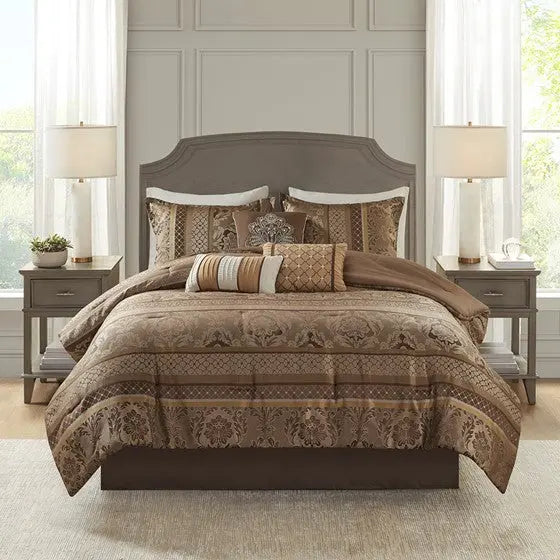 7 Piece Jacquard Comforter Set Brown/Gold Queen