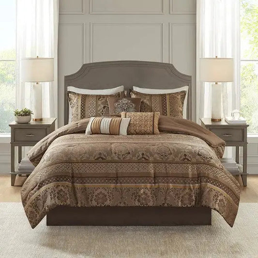 7 Piece Jacquard Comforter Set Brown/Gold Queen