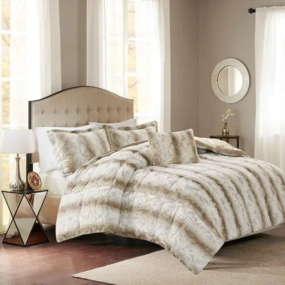 4PC Faux Fur Comforter Set Sand King