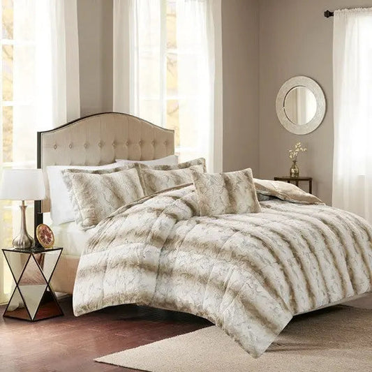 4PC Faux Fur Comforter Set Sand King