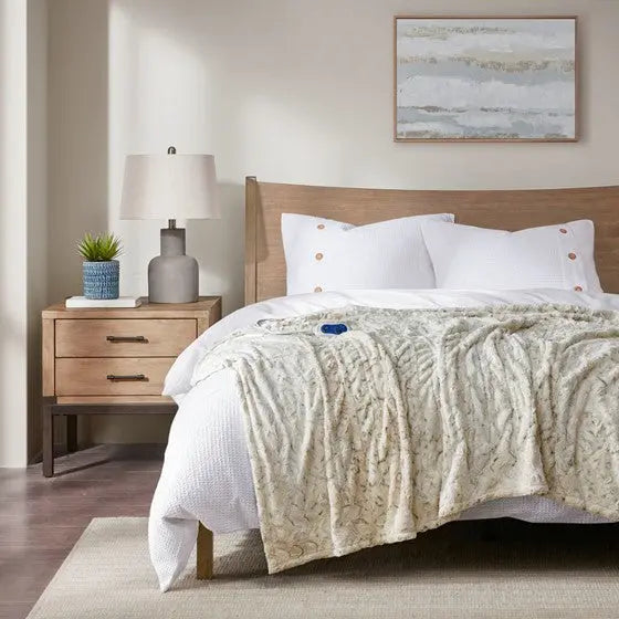 Oversized Faux Fur Heated Throw Snow Leopard