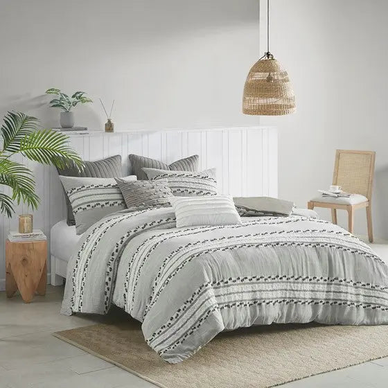3 Piece Organic Cotton Jacquard Comforter Set Charcoal Full/Queen