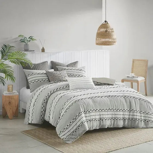 3 Piece Organic Cotton Jacquard Comforter Set Charcoal Full/Queen