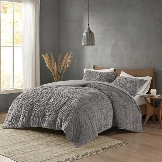 Ruched Fur Down Alternative Comforter Set Grey Cal King