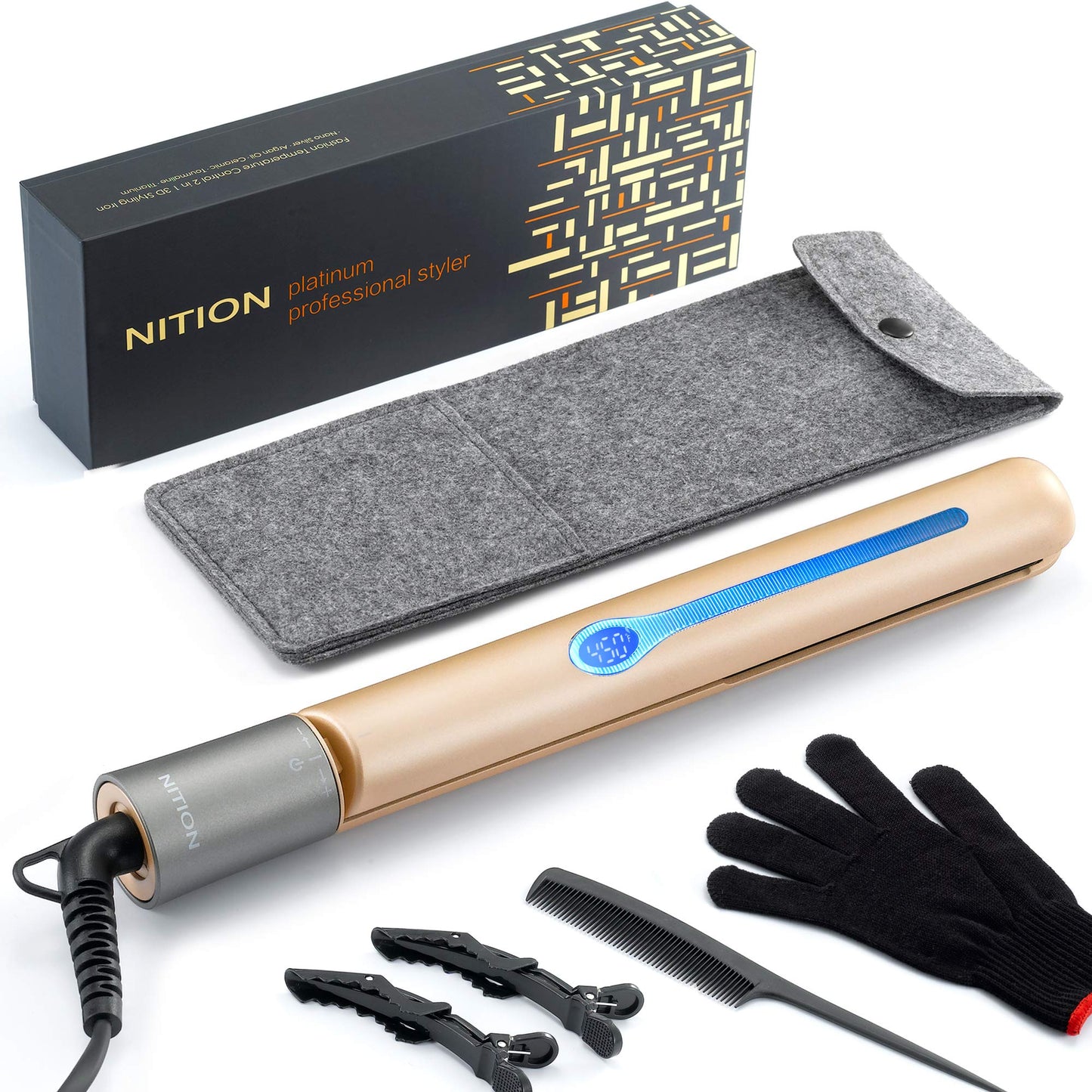 NITION Ceramic Tourmaline Hair Straighteners LCD Flat Iron MCH Fast Straightening. Healthy Styling 265-450°F 6-Temps Adjustable for All Hair Type. 2-in-1 Curling Iron. 1 inch Heating Plate