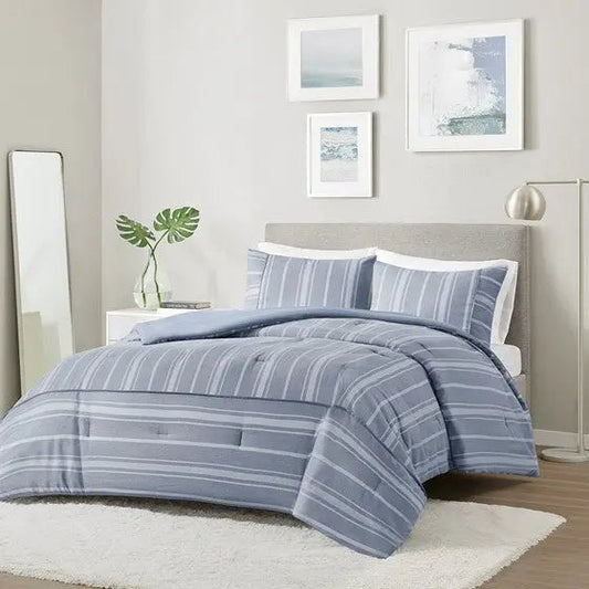 3 Piece Striped Herringbone Oversized Comforter Set Blue Cal King