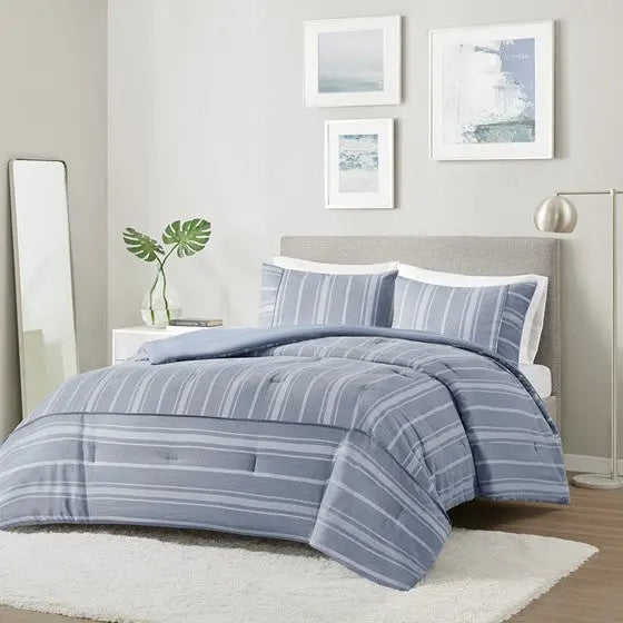 3 Piece Striped Herringbone Oversized Comforter Set Blue Full/Queen