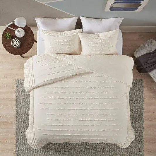 3 Piece Cotton Chenille Comforter Set Ivory Full/Queen
