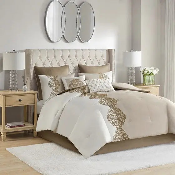 8 Piece Embroidered Microfiber Comforter Set Tan Queen