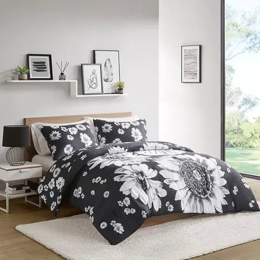 Floral Reversible Comforter Set Black/White Twin XL