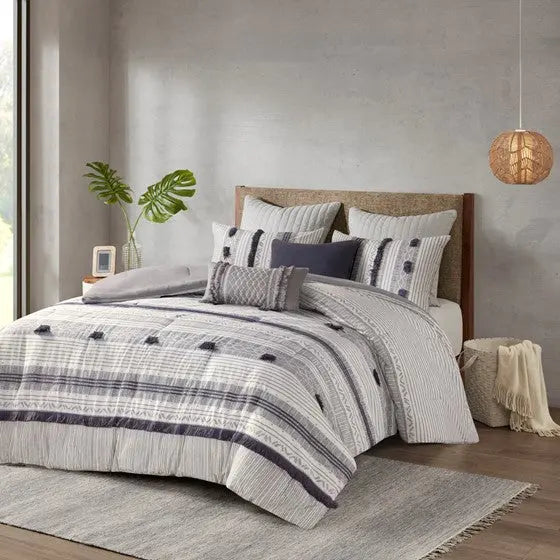 3 Piece Cotton Comforter Set Gray/Navy Full/Queen