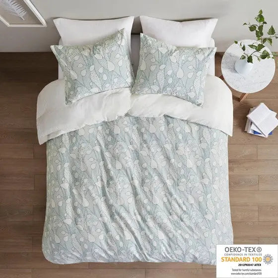 3 Piece Vine Printed Cotton Comforter Set Aqua Full/Queen
