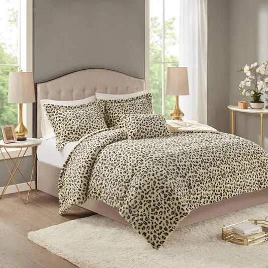 4PC Faux Fur Comforter Set Cheetah King