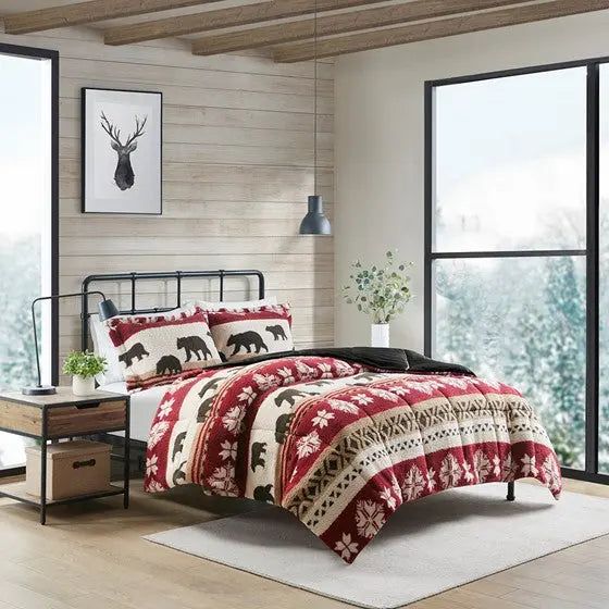 Print Sherpa Comforter Set Red/Black Cal King