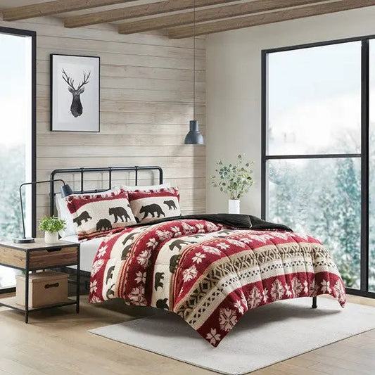 Print Sherpa Comforter Set Red/Black Cal King