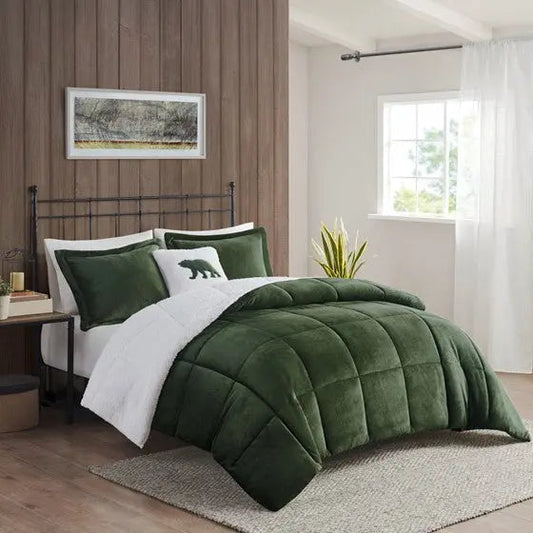 Plush to Sherpa Down Alternative Comforter Set Green/Ivory King
